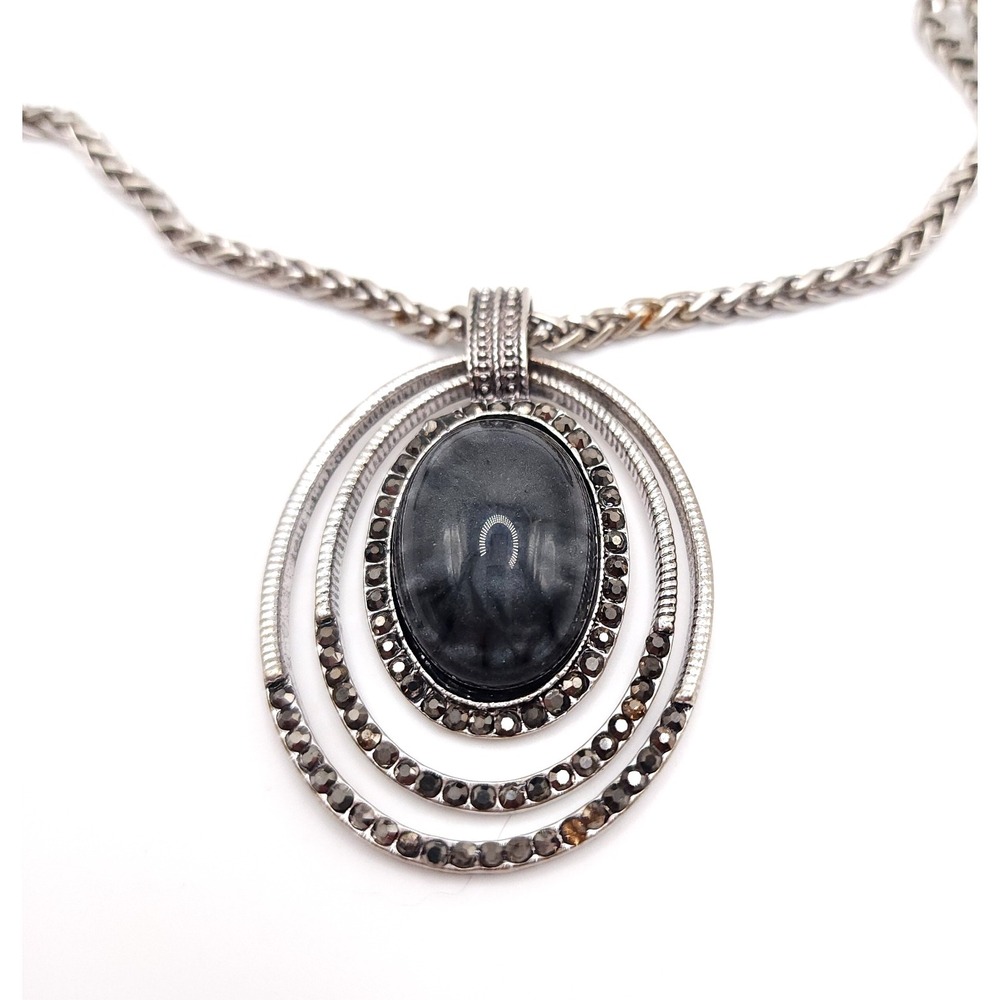 Silver Lucite Cabochon Pendant Necklace Black Rhinestone Retro